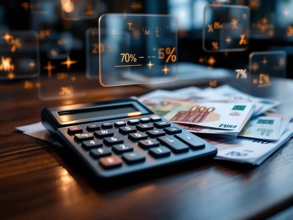 Calculator met euro bankbiljetten op bureau voor financiële berekeningen en geldplanning