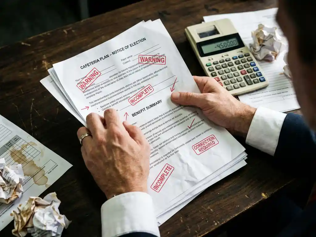 Zakenman houdt cafetariaplan document met rode waarschuwingsstempels en correcties, calculator toont negatieve cijfers