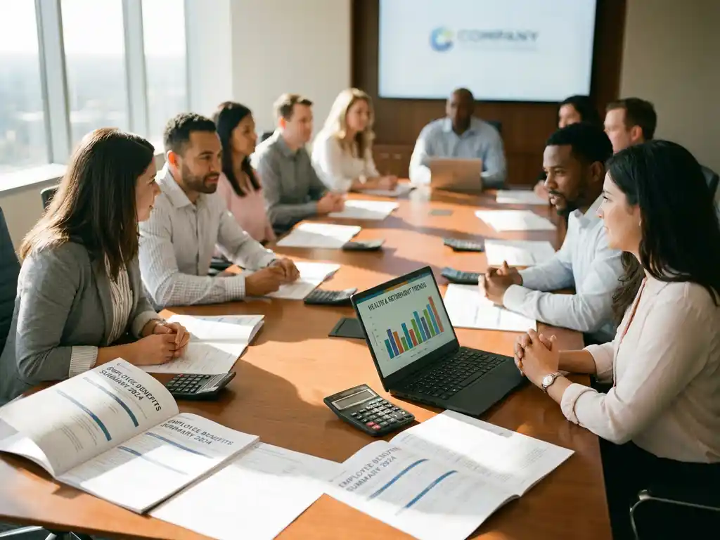 Diverse werknemers in vergaderruimte bespreken arbeidsvoorwaarden met calculators en documenten op tafel