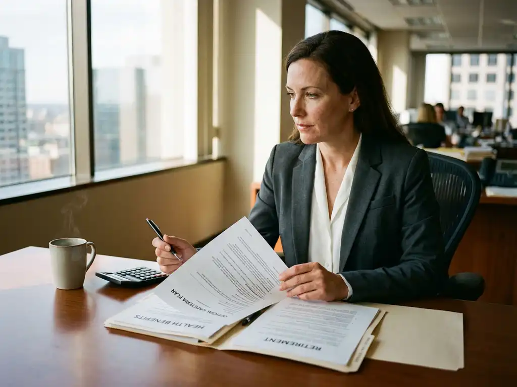 Zakenvrouw in pak bestudeert cafetariaplan document aan bureau met koffie en calculator, kantooromgeving