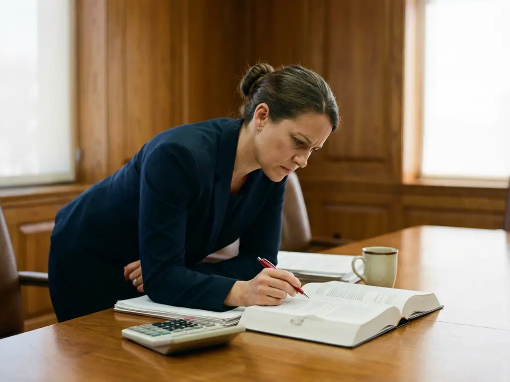 Zakenvrouw in donker pak bekijkt juridisch contract met rode pen aan vergadertafel met calculator en koffie