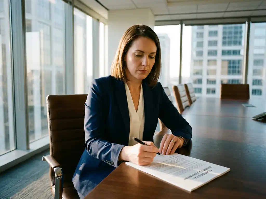 Professionele zakenvrouw in marineblauw jasje bekijkt document aan vergadertafel bij raam met natuurlijk licht
