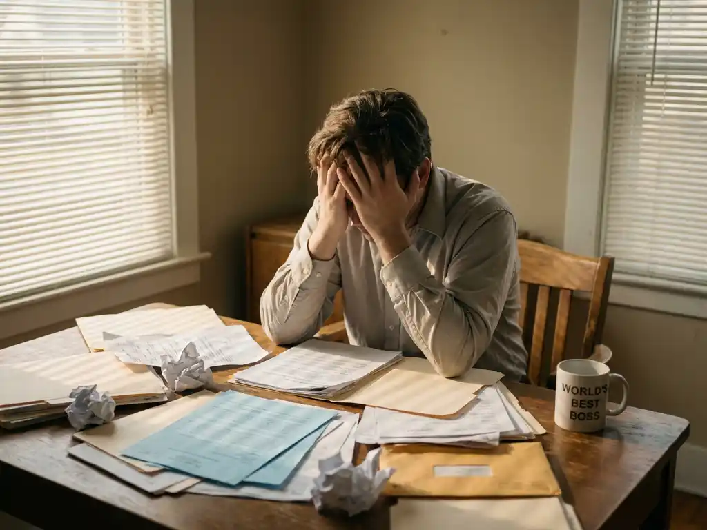 Gefrustreerde kantoormedewerker met hoofd in handen bij rommelig bureau vol administratieve documenten en formulieren