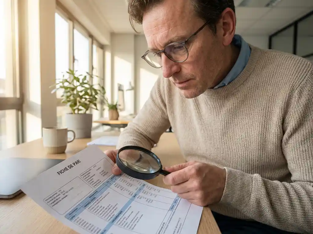 Belgische werknemer onderzoekt verlofvergoeding op loonstrook met vergrootglas aan modern kantoorbureau