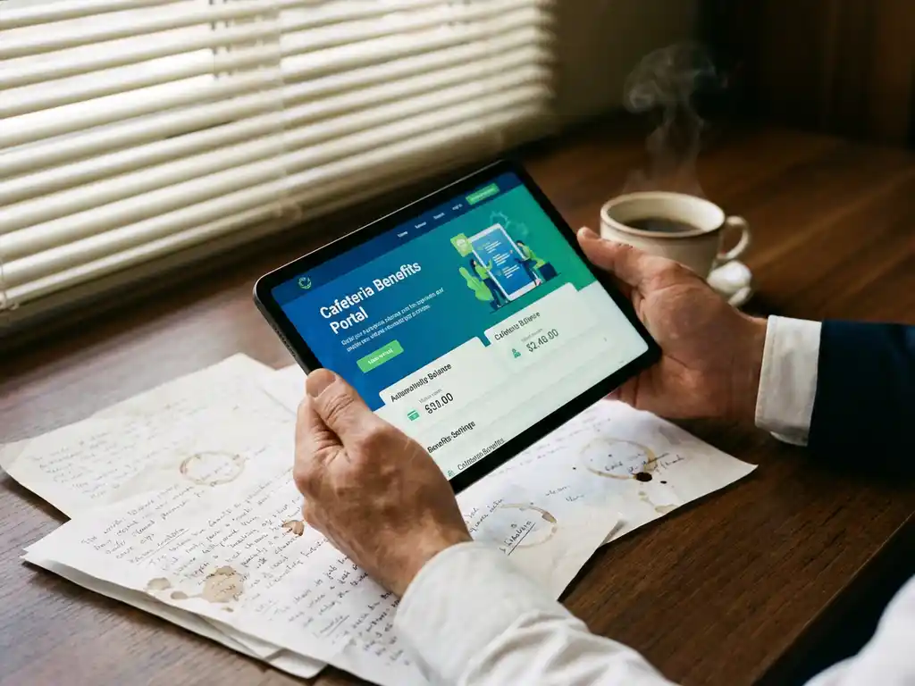 Professionele handen houden tablet met digitale cafetaria-interface boven papieren documenten op houten bureau