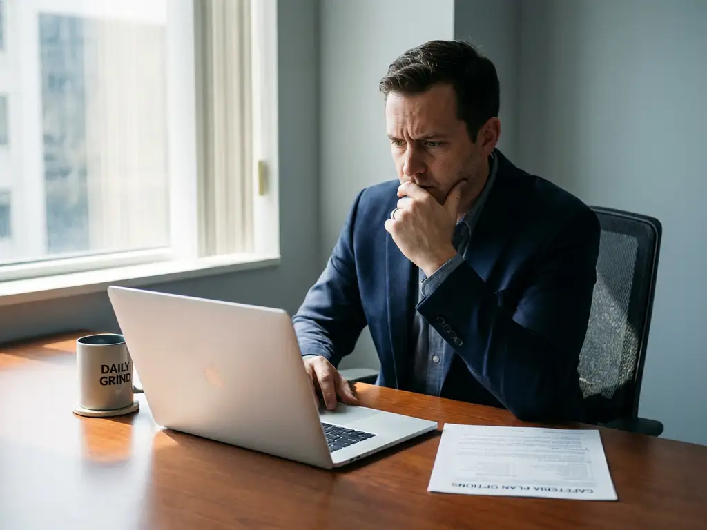 Kantoormedewerker overweegt cafetariaplan document aan bureau met laptop en koffie bij raam