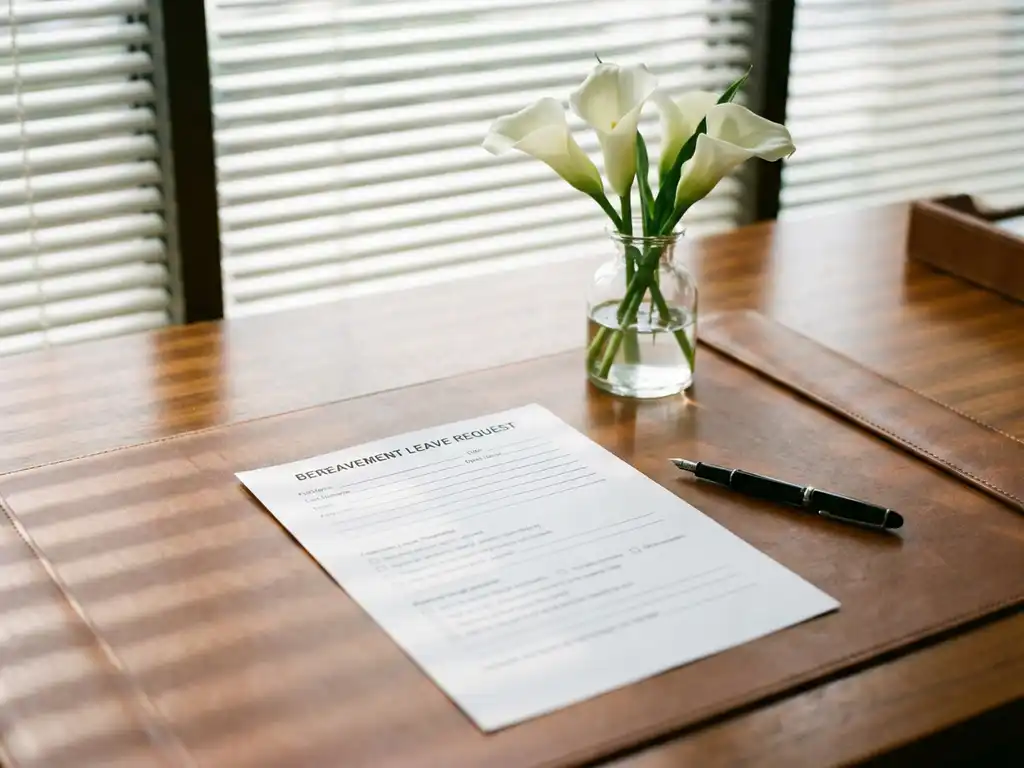 Rouwverlof aanvraagformulier op houten bureau naast witte lelies en zwarte pen, natuurlijk licht door kantoorjaloezieën