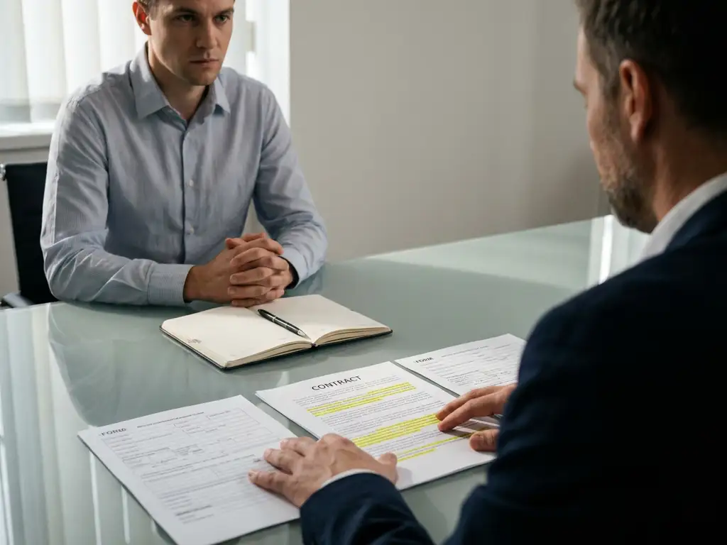 HR-manager bespreekt arbeidscontract en officiële formulieren met gespannen werknemer in kantoor, notitieboek tussen hen in