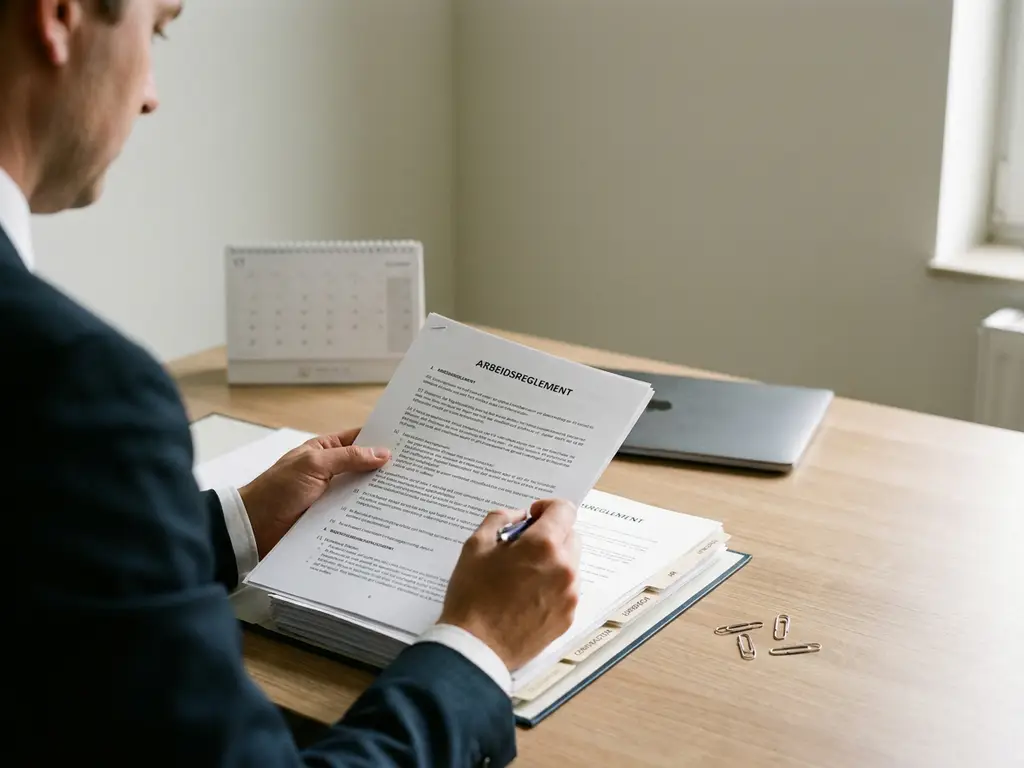 Jurist controleert arbeidsreglement op papier aan bureau met pen, map en paperclips in rustig kantoor, close-up focus