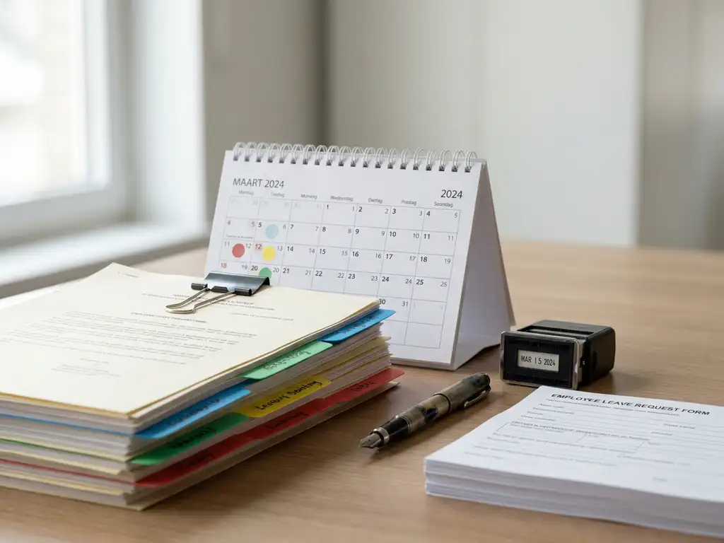 HR-bureau met tabbladdocumenten, bureaukalender met gemarkeerde dagen, pen en verlofaanvraagformulieren in zacht daglicht