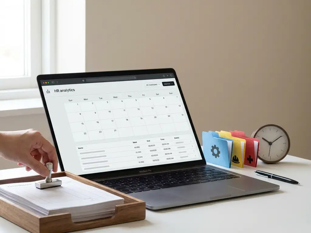 Laptop met HR-dashboard en hand met stempel boven timesheets op kantoor, met sectorfolders, klok en pen op bureau