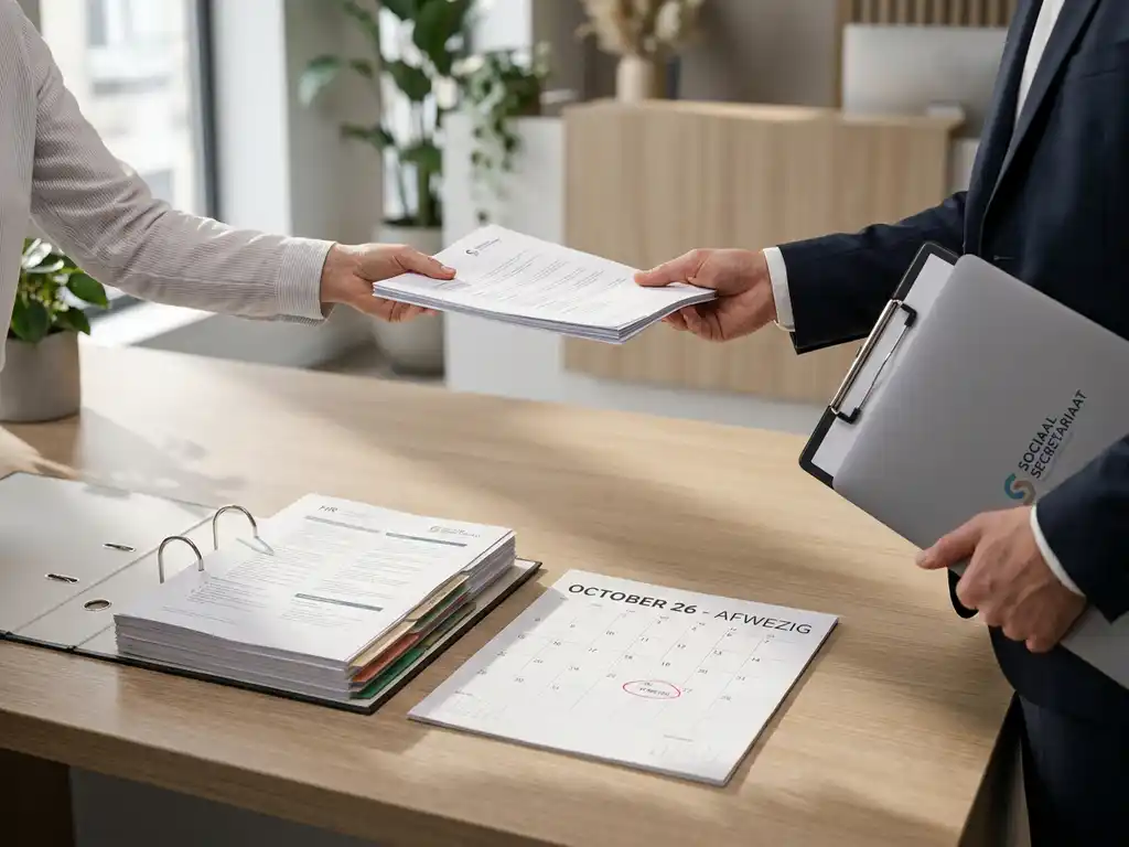 HR-documenten en kalender met gemarkeerde afwezigheidsdag op bureau, papieren overdracht aan sociaal secretariaat