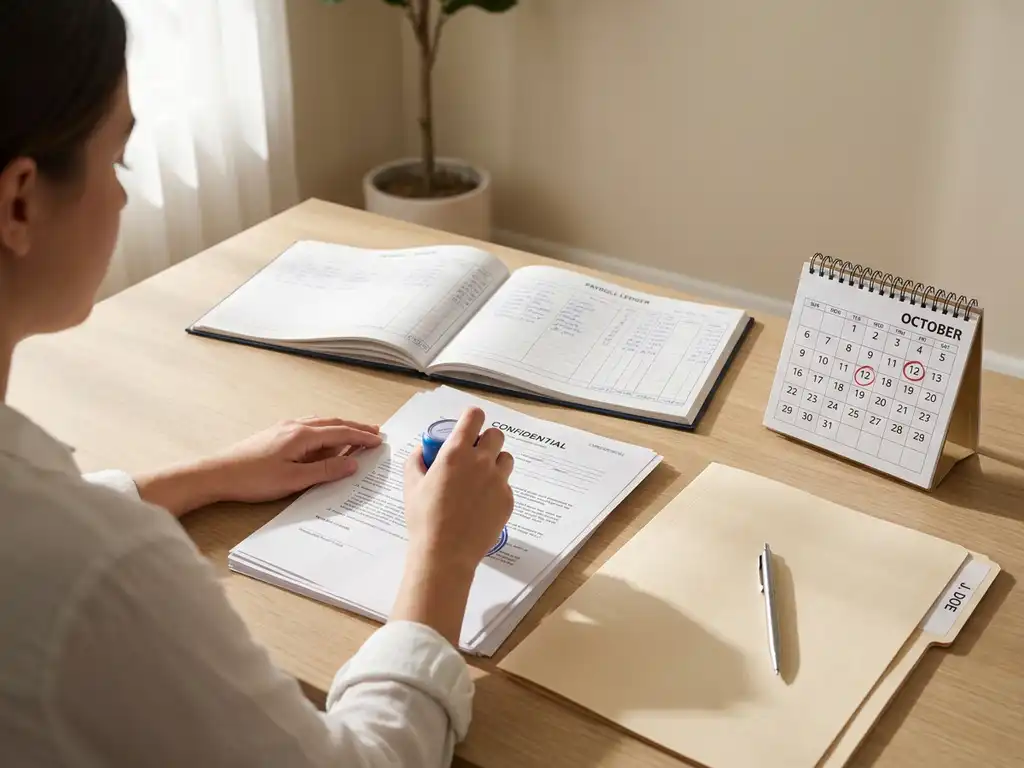 Handen van jonge ondernemer stempelen HR-documenten naast payroll grootboek en kalender op modern bureau in ochtendlicht