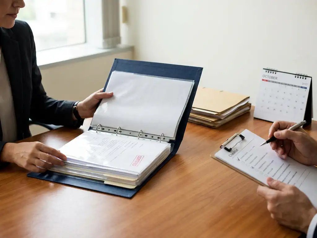 HR-medewerker toont ringband met officiële documenten; inspecteur controleert met clipboard op kantoor tijdens sociale inspectie