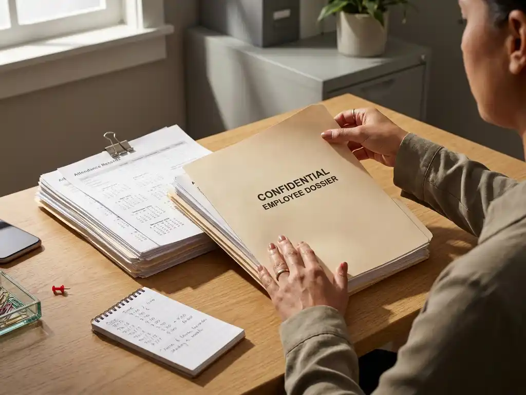 Handen van HR-manager ordenen bewijsdossier met aanwezigheidslijsten, kalender en notities op bureau, dramatisch zijlicht