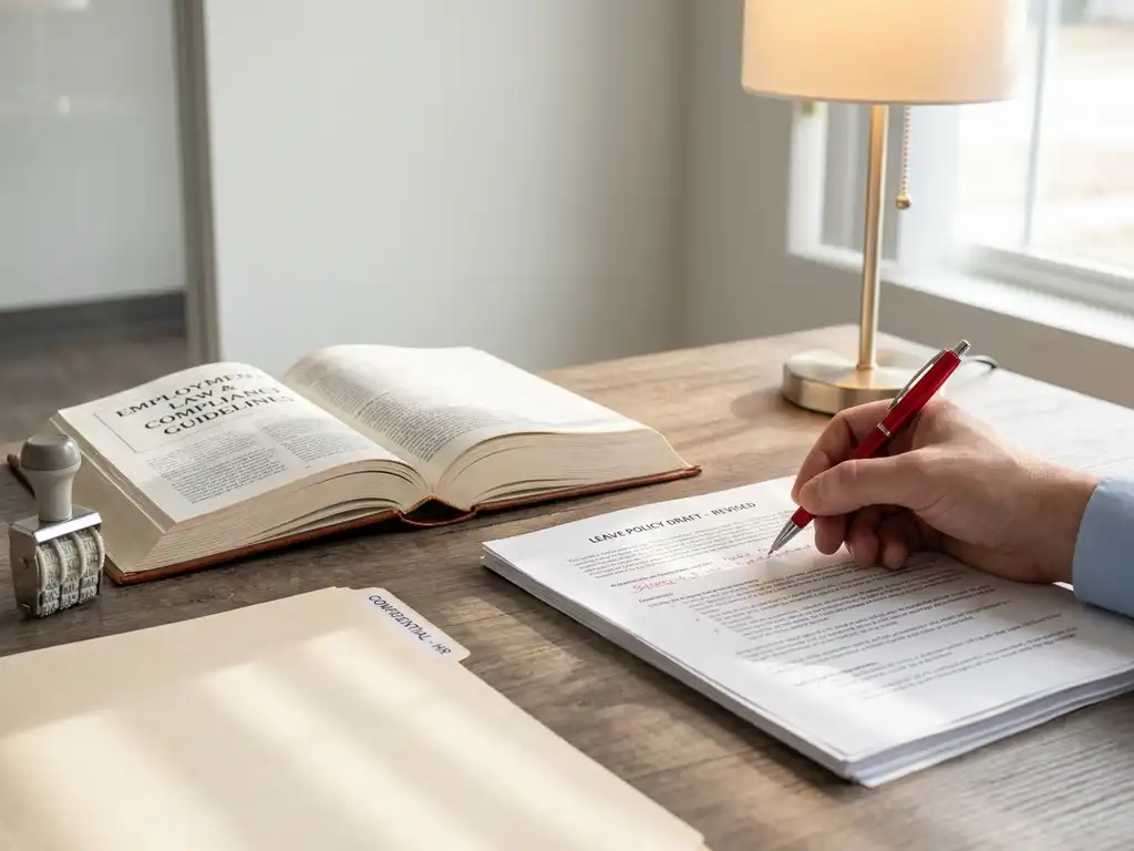 Hand markeert verlofbeleid met rode pen op HR-bureau naast wetboek en stempel, compliance documentcontrole in kantoorlicht