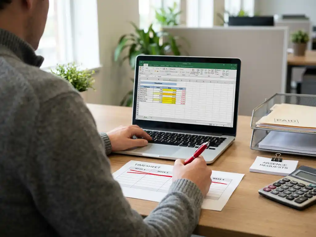 HR-professional corrigeert loonfout op urenstaat met rode pen, payroll spreadsheet op laptop en rekenmachine op bureau