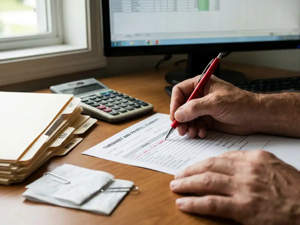 Handen van payrollbeheerder corrigeren fout op geprinte urenstaat en loonlijst met rode markering, calculator en mappen.