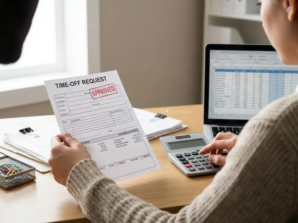 Boekhouder berekent loonadministratie met calculator, time-off aanvraag en loonstrook naast laptop met spreadsheet op bureau