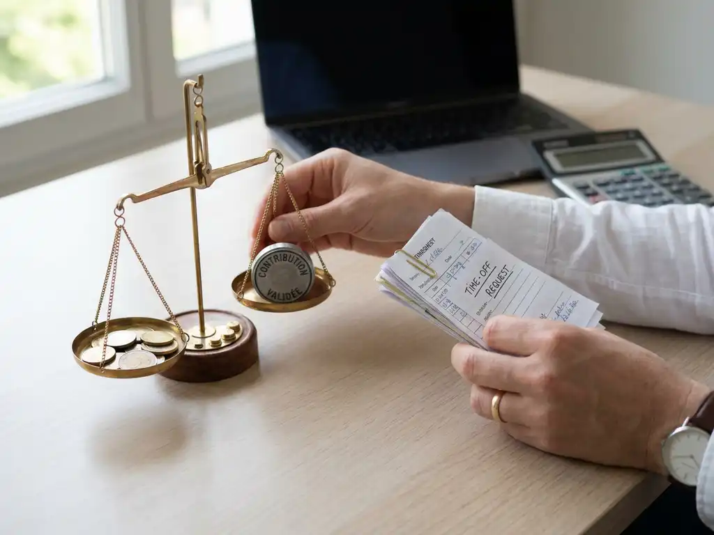 Handen van payroll accountant wegen eurobijdragen op balans met munten en stempel, naast verlofaanvragen en timesheet op bureau