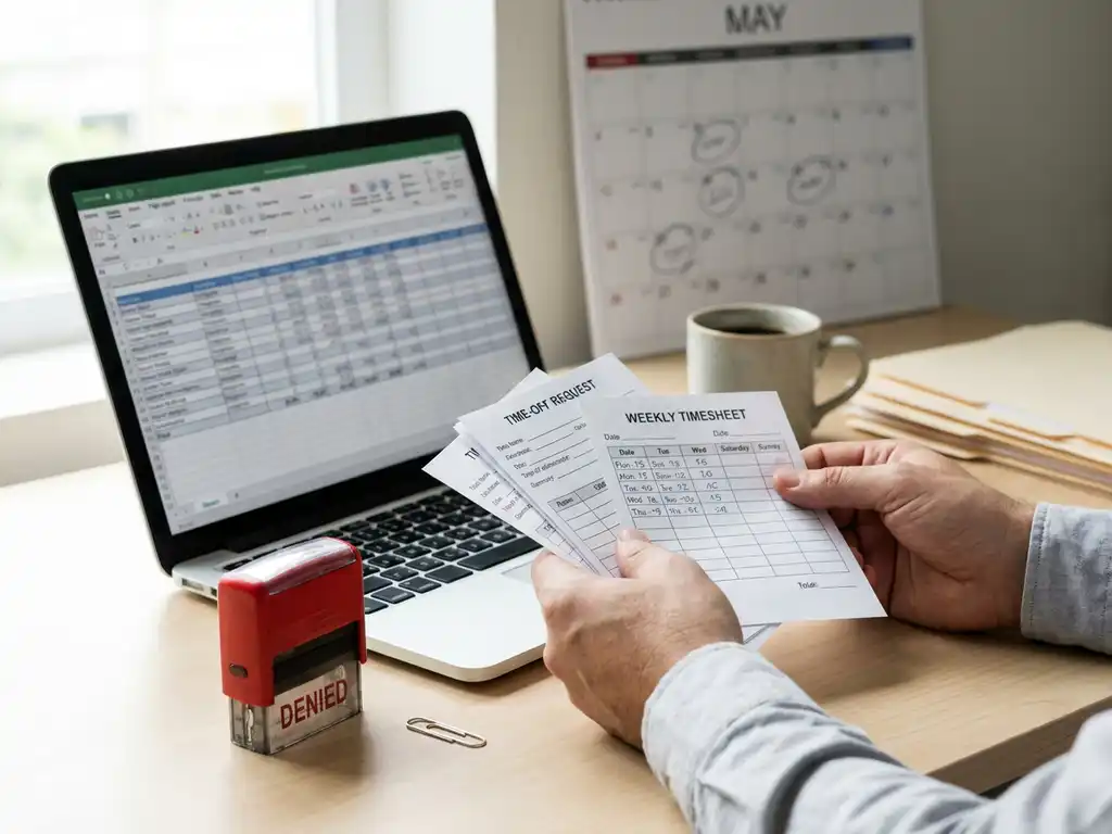Handen van payrollbeheerder met verlofaanvragen en foutieve urenstaat naast laptop met HR-spreadsheet en kalender op kantoorbureau