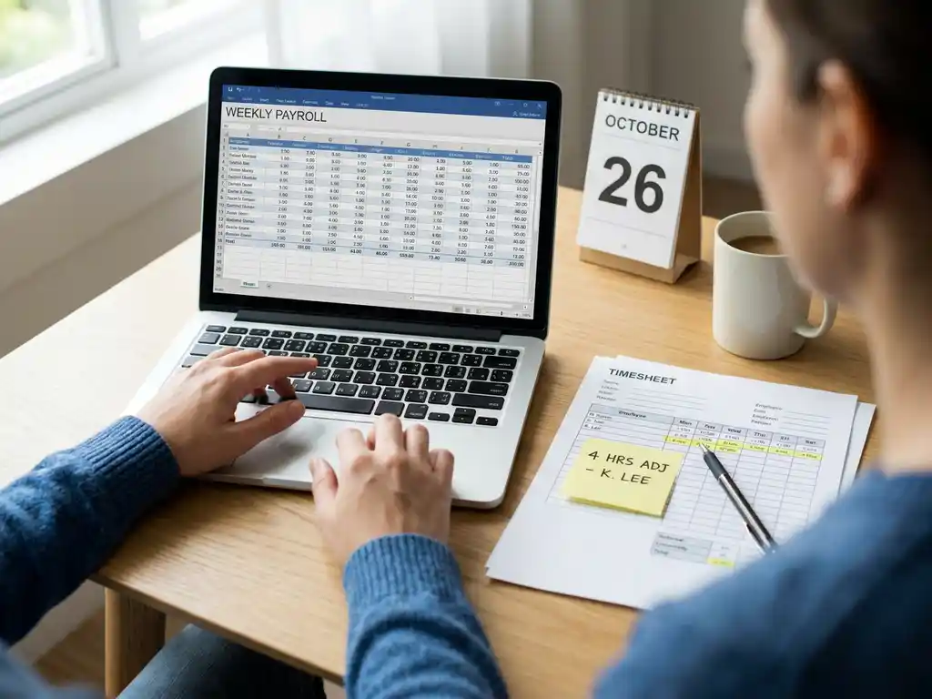 Payrollbeheerder voert verlofcorrectie in op laptop met wekelijkse loonlijst, papieren urenstaat met notitie op bureau.