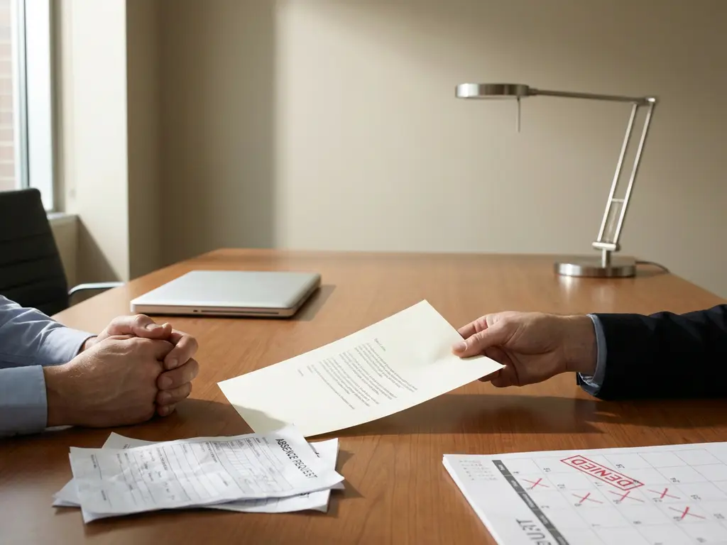Werkgever schuift ontslagbrief naar bezorgde werknemer tijdens gespannen HR-ontslaggesprek, met verlofformulieren op tafel