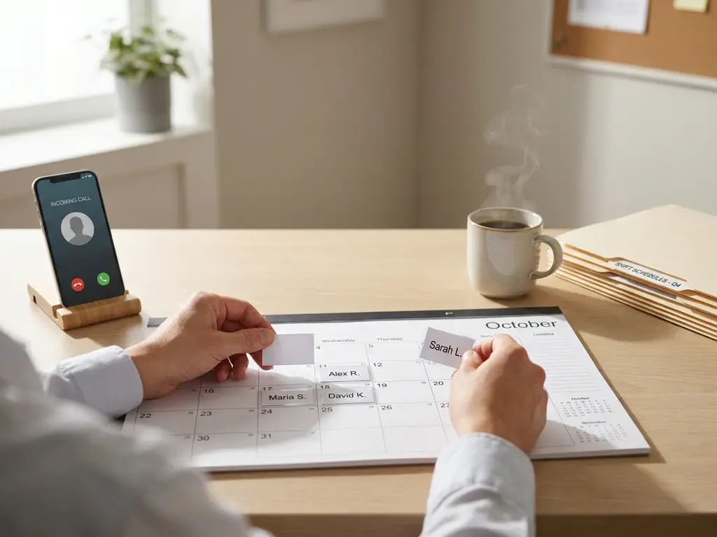 HR-planner herschikt shiftkaarten op bureaukalender; smartphone met onbekende oproep, koffie en roosters in modern kantoor