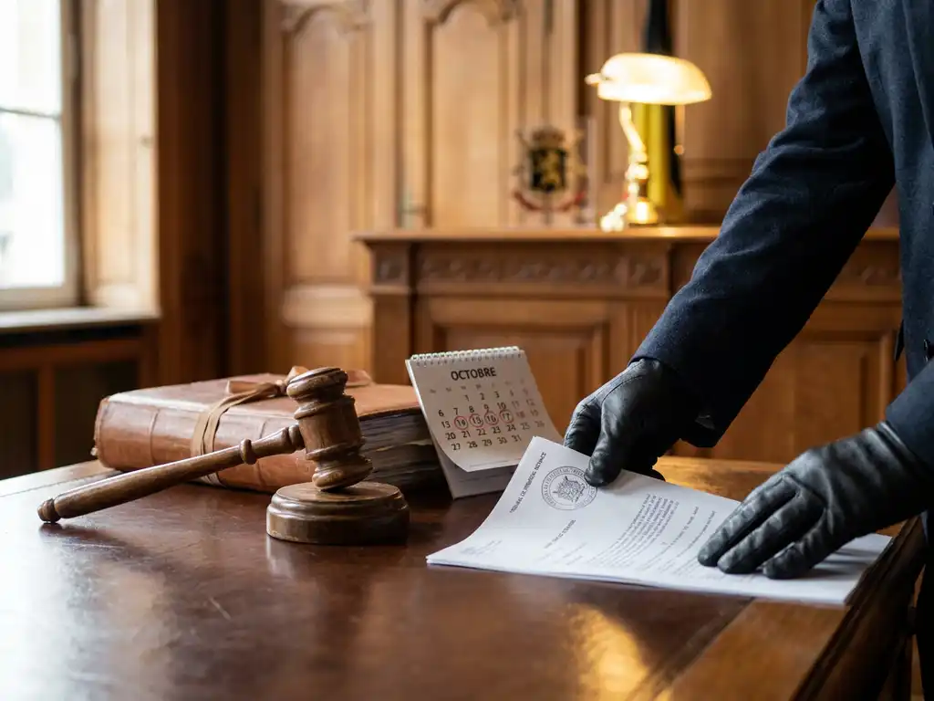 Houten rechtershamer naast rechtbankdossier en kalender, handen schuiven gestempeld document op Belgische rechtbanktafel.
