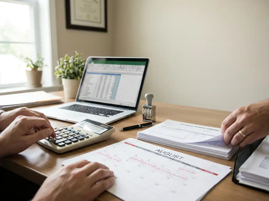 Calculator en payroll documenten naast kalender met gemarkeerde vakantiedagen op bureau, handen ordenen administratie bij laptop