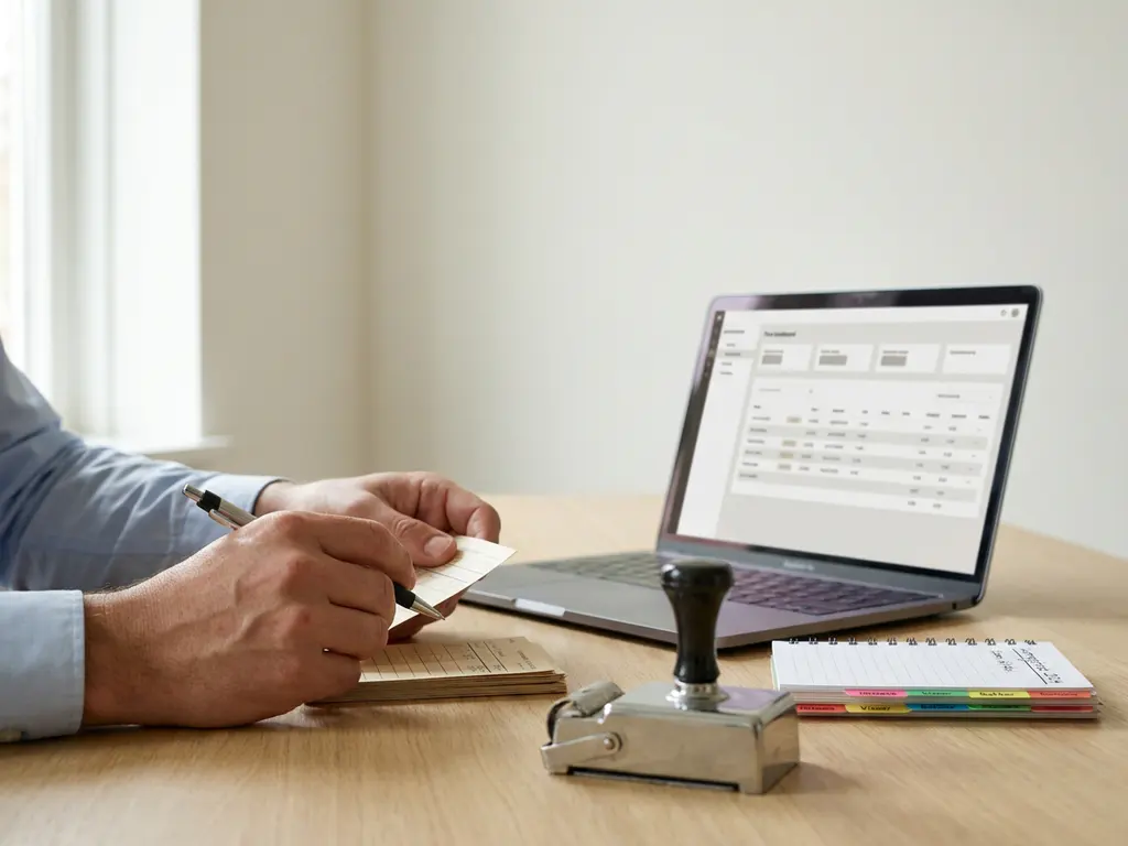 HR-medewerker sorteert tijdsregistratiekaarten met prikklokstempel naast laptop met tijdregistratiedashboard op bureau