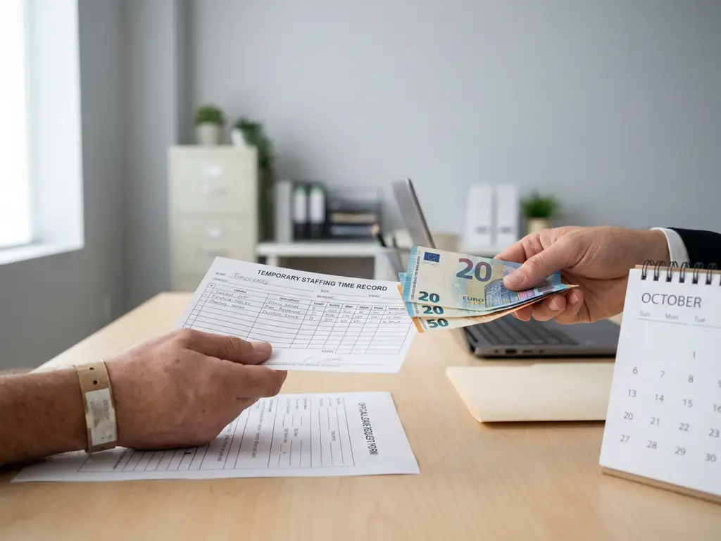 Uitzendkracht houdt tijdkaart en verlofaanvraag vast terwijl loonadministratie euro’s over bureau schuift in HR-kantoor