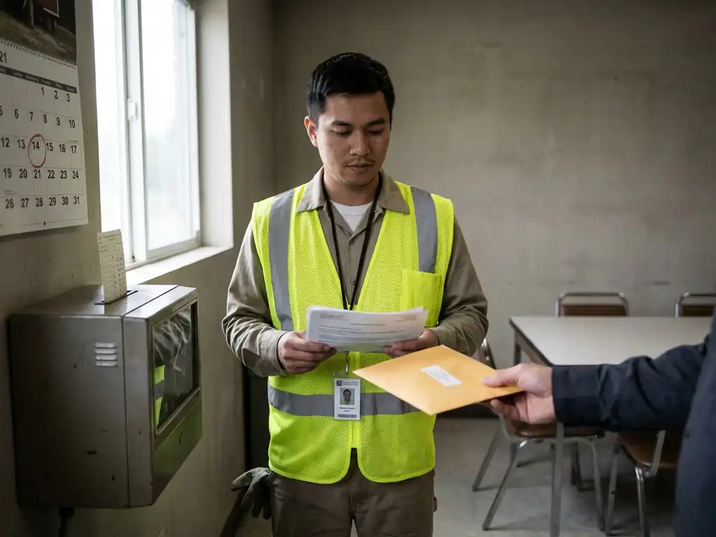 Uitzendkracht met veiligheidsvest en documenten bij fabrieksprikklok; supervisor biedt verzegelde envelop aan.