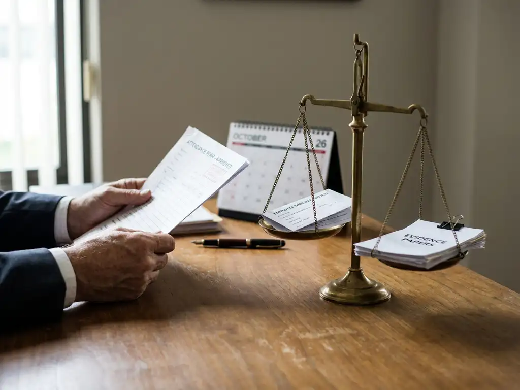 Brass weegschaal weegt verlofaanvraag tegen bewijsstukken op houten bureau, handen met aanwezigheidsformulier in beeld