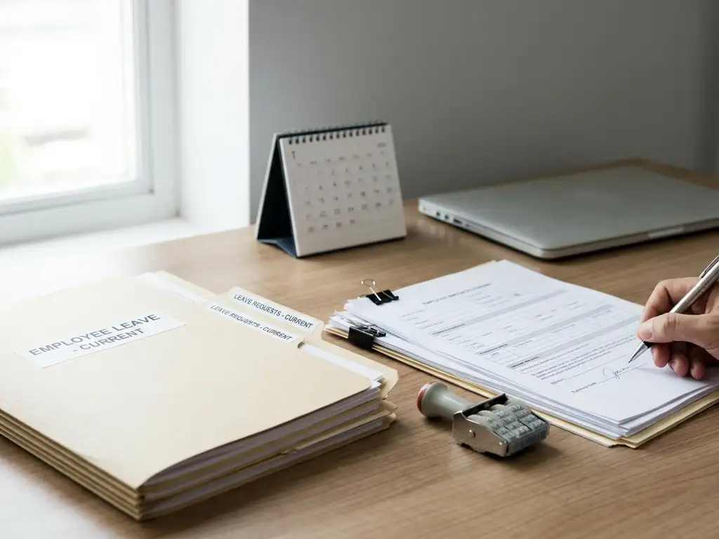 Open werknemersverlofdossier op HR-bureau met formulieren, datumstempel en hand die bijna tekent; laptop en kalender op achtergrond