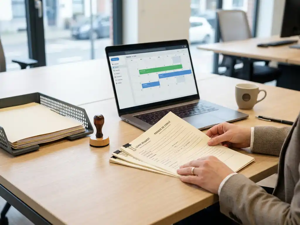 HR-administrator ordent verlofaanvraagformulieren naast laptop met kalender op opgeruimd bureau in modern Belgisch kantoor