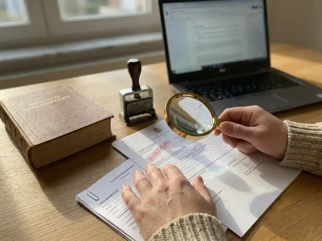 HR-professional controleert verlofaanvragen met vergrootglas op officieel document, Belgisch wetboek en stempel op bureau