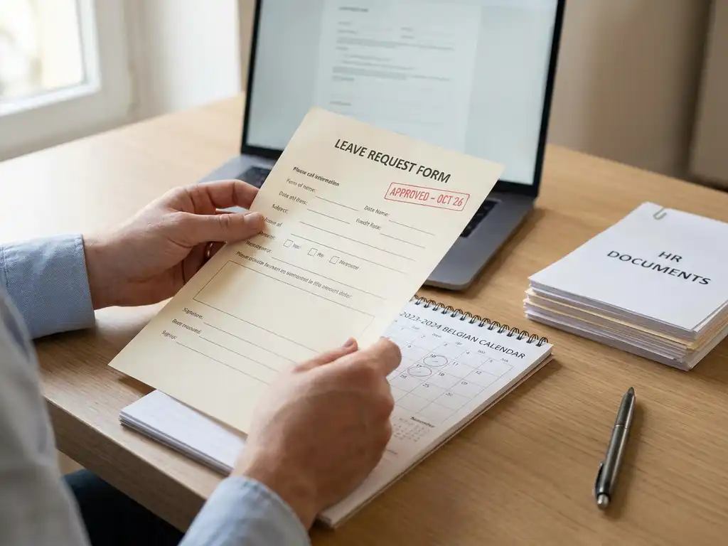 Handen van nieuwe werkgever met gestempeld verlofaanvraagformulier naast Belgische kalender en HR-documenten op bureau