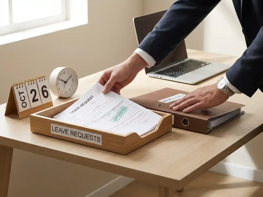 Werkgever plaatst gestempeld verlofaanvraagformulier in documentbak en sluit HR-beleidsmap; kalender en klok op bureau.