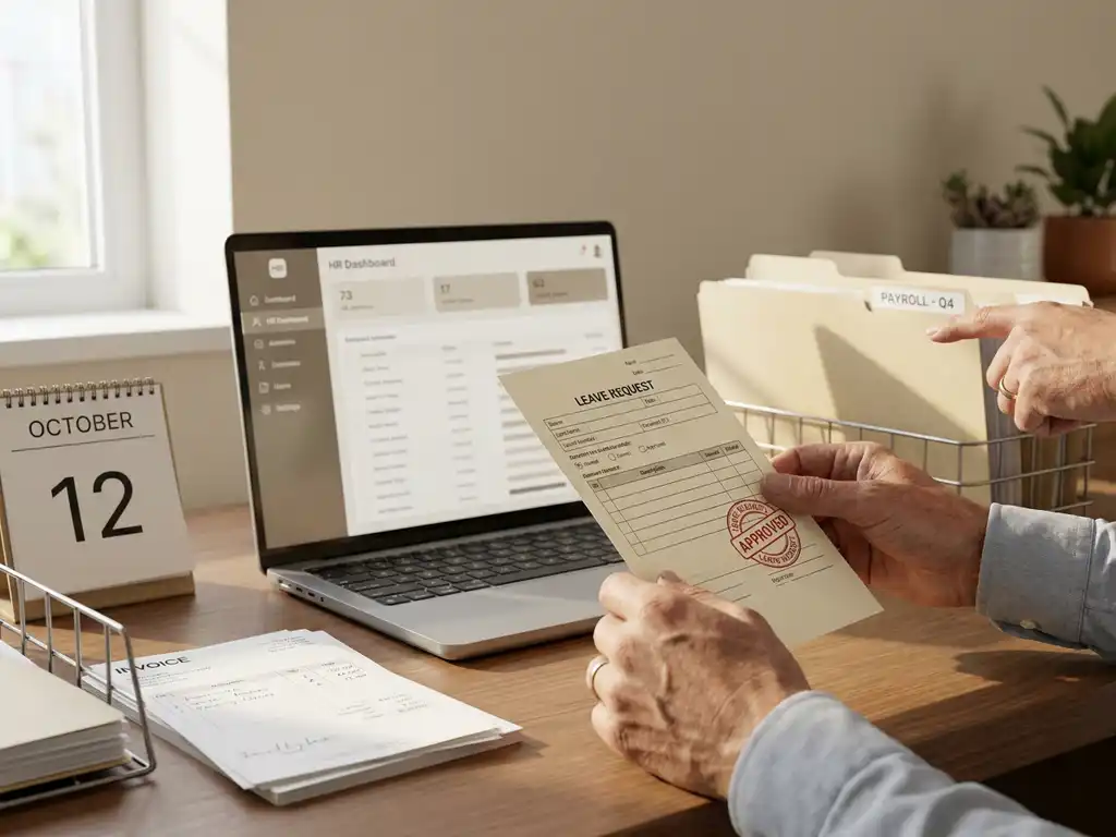 Handen van kleine ondernemer met verlofaanvraag en payrollmap naast laptop met HR-dashboard, facturen en bureaukalender