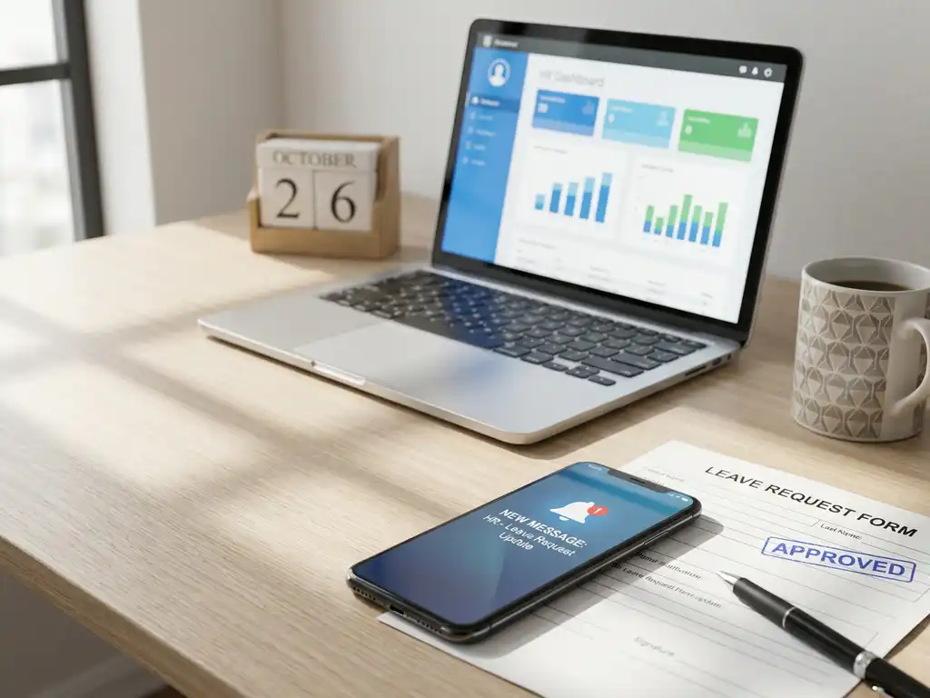 Smartphone met inkomende melding naast verlofaanvraagformulier en pen, laptop met HR-dashboard op modern kantoor bureau in ochtendlicht