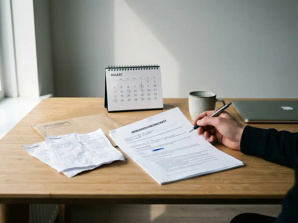 Open Nederlands arbeidscontract op bureau met urenbriefjes en belastingformulier, hand met pen, kalender met few dagen gemarkeerd