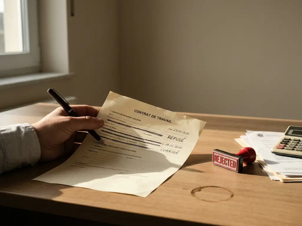 Belgisch arbeidsformulier met handmatige correcties en rode “afgekeurd” stempel op bureau, gestreste hand met pen erbij