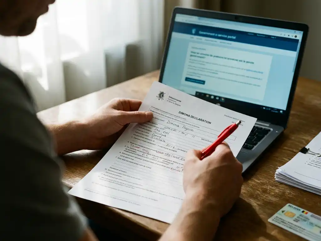 Belgische payrollbeheerder corrigeert Dimona-aangifte op papier met rode pen naast laptop met e-service en ID-kaart