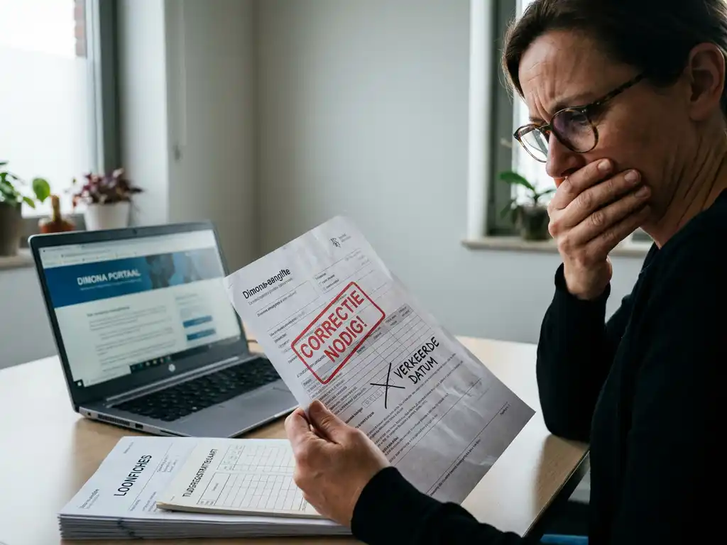 Belgische HR-medewerker houdt Dimona-aangifte met rode correctiestempel vast naast laptop, loonfiches en tijdskaart.