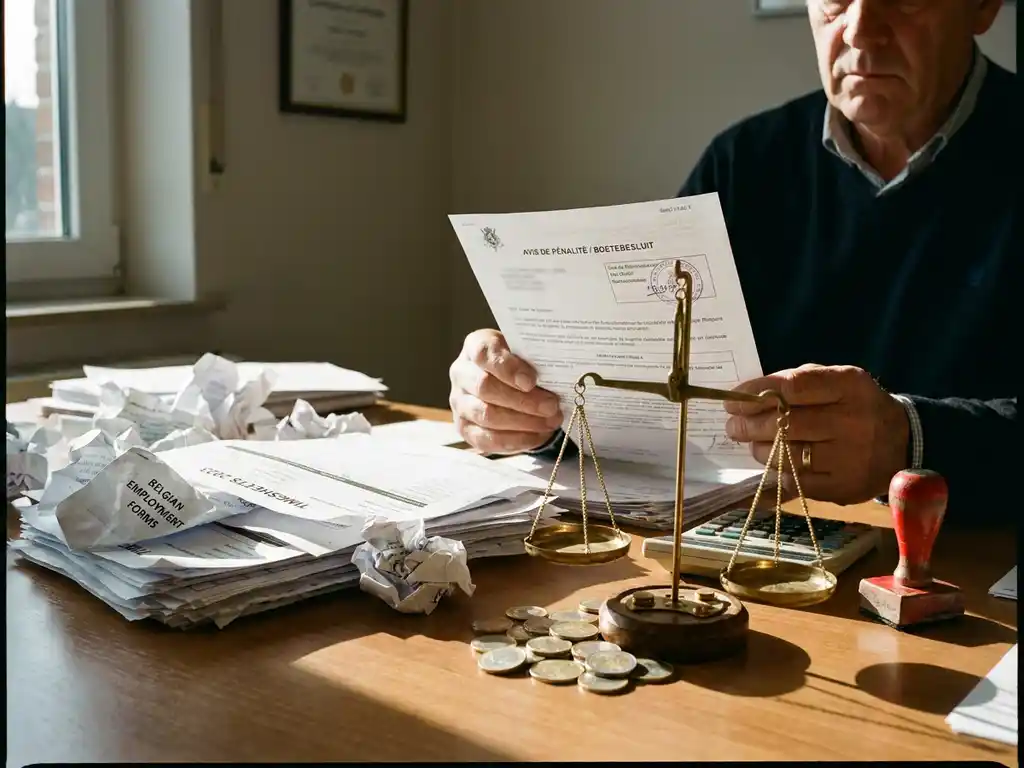 Accountantshanden met boetenotice boven Belgische loonadministratie, euro’s op weegschaal, calculator en stempel