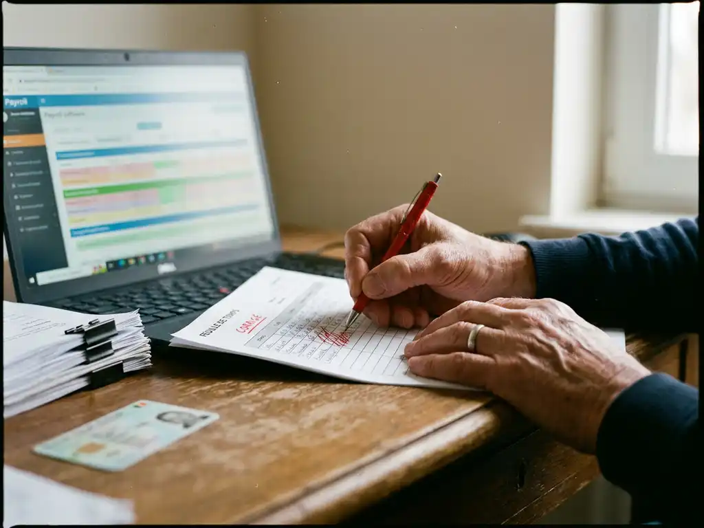 Handen van Belgische payrollmedewerker corrigeren papieren urenstaat met rode pen naast laptop met payrollsoftware, foutcorrectie
