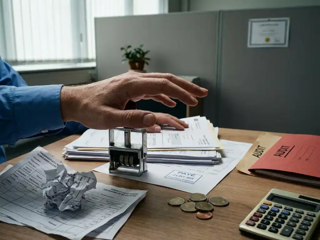Belgische payrollmedewerker stempelt loonadministratieformulieren naast euro’s en rekenmachine, auditmap op bureau