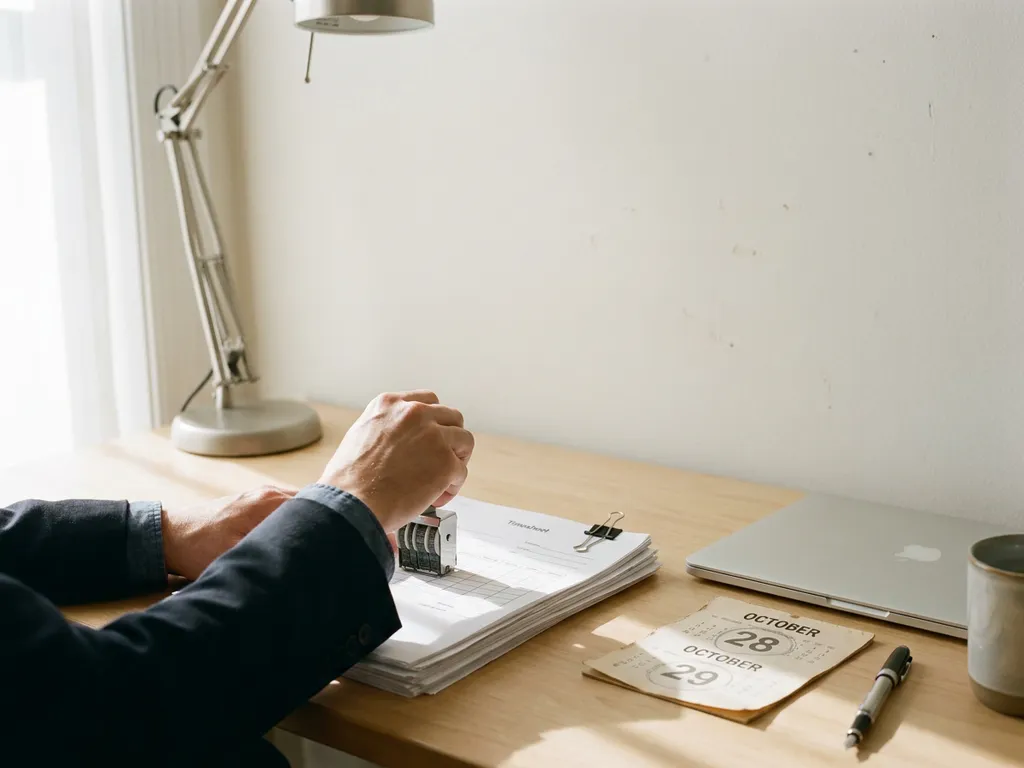 Handen stempelen een urenstaat op payrollformulieren op een opgeruimd bureau, met weekendkalender naast laptop en koffie.