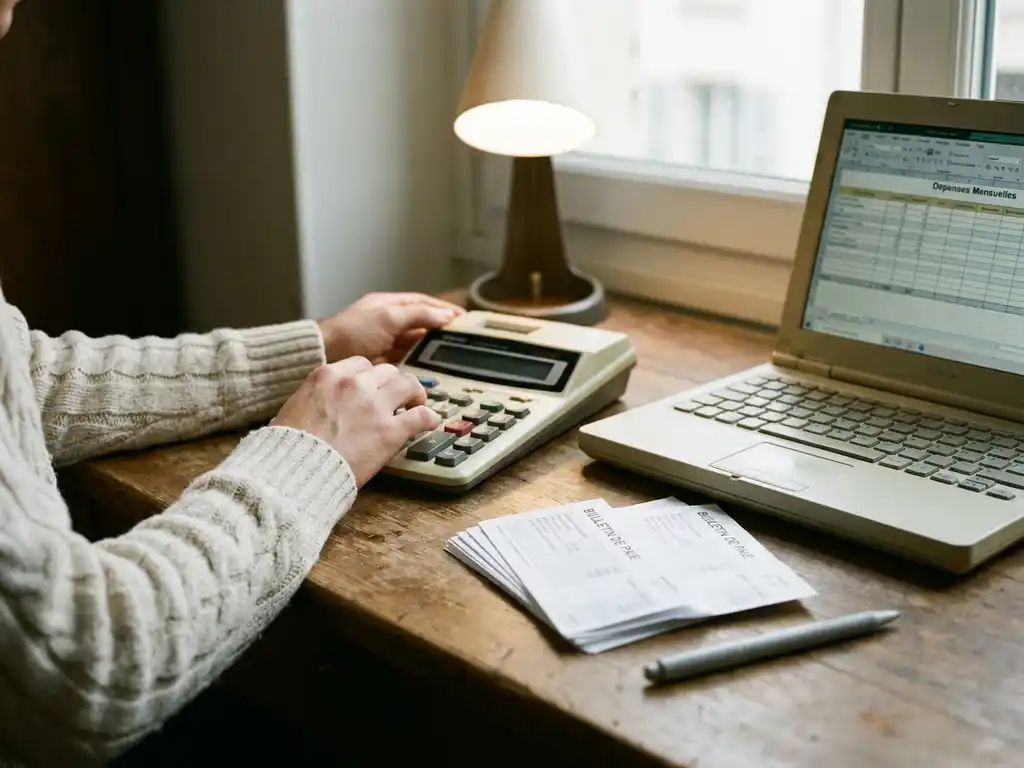 Handen gebruiken een rekenmachine naast laptop met spreadsheet, loonstroken en pen op nette kantoorwerkplek in zacht daglicht